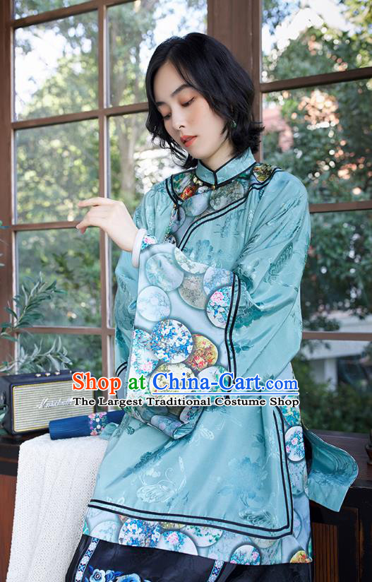 Chinese Tang Suit Embroidered Blue Blouse Qing Dynasty Women Outer Garment Traditional Court Costume