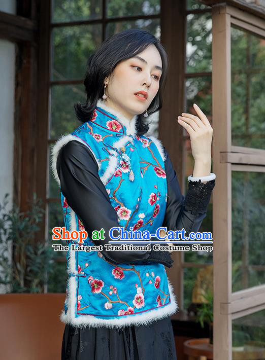 China Traditional Embroidered Plum Blue Vest Women Qipao Upper Outer Garment National Clothing Classical Cheongsam Silk Waistcoat