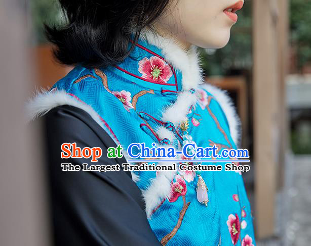 China Traditional Embroidered Plum Blue Vest Women Qipao Upper Outer Garment National Clothing Classical Cheongsam Silk Waistcoat