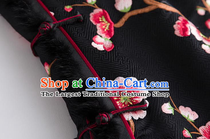 China Classical Embroidered Plum Black Silk Vest National Clothing Traditional Women Upper Outer Garment