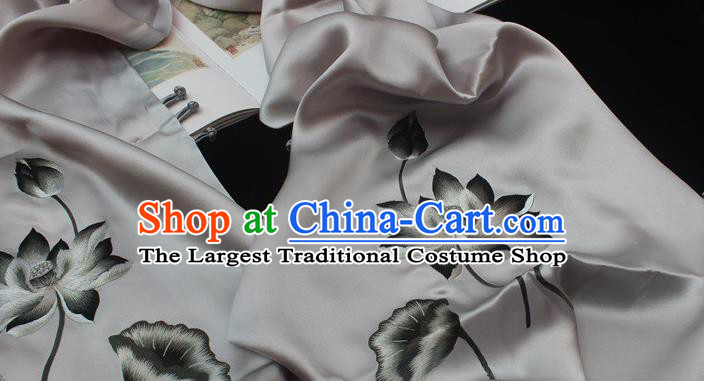 China Handmade Suzhou Embroidery Grey Silk Scarf Embroidered Lotus Tippet Traditional Cheongsam Accessories