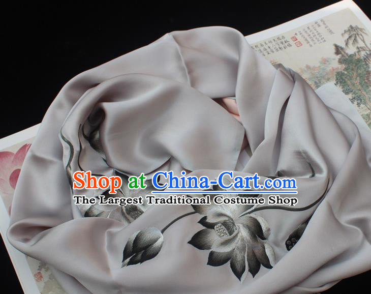 China Handmade Suzhou Embroidery Grey Silk Scarf Embroidered Lotus Tippet Traditional Cheongsam Accessories