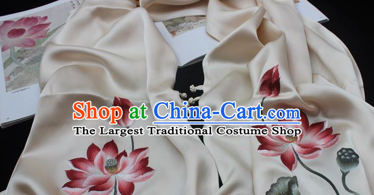 China Embroidered Lotus Beige Silk Tippet Traditional Cheongsam Accessories Handmade Suzhou Embroidery Scarf