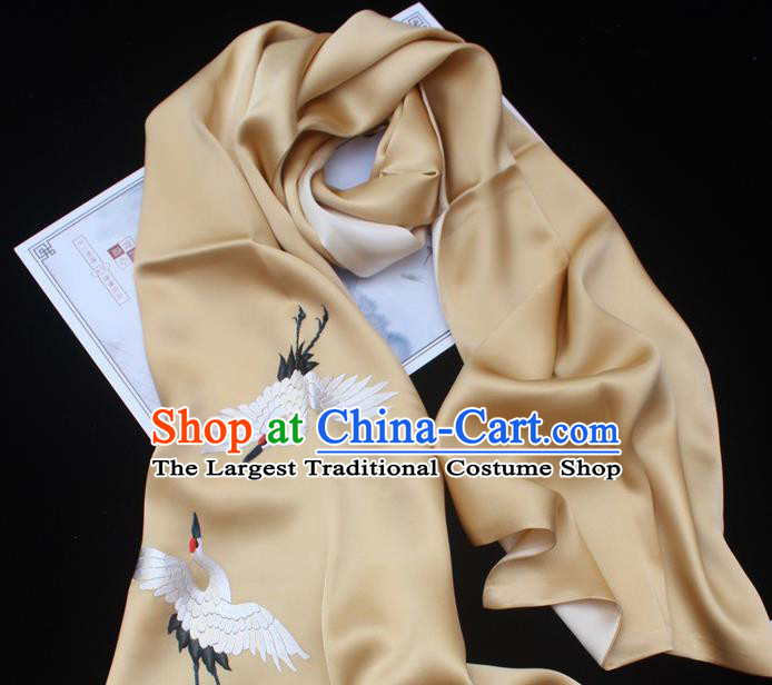 China Silk Tippet Cheongsam Embroidered Accessories Traditional Handmade Suzhou Embroidery Crane Yellow Scarf
