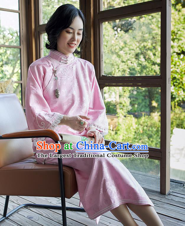 China Wide Sleeve Cheongsam Traditional Embroidered Pink Qipao Women Classical Dress Clothing