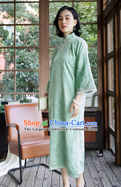 China Women Classical Dress Clothing Wide Sleeve Cheongsam Traditional Embroidered Light Green Qipao
