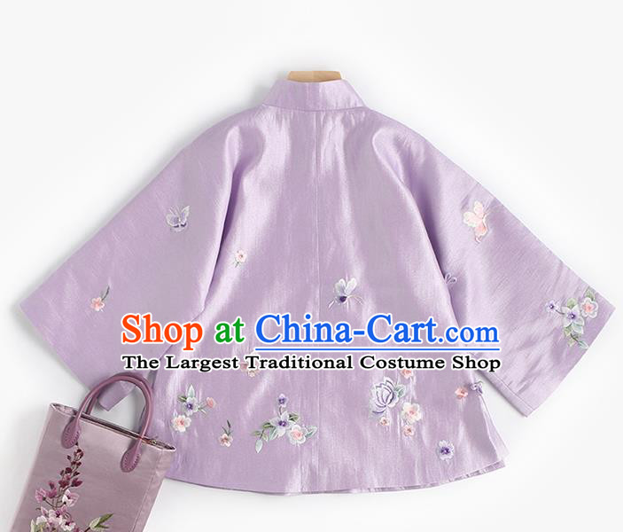 Chinese Embroidered Shirt Women Upper Outer Garment Traditional Costume Tang Suit Lilac Silk Blouse