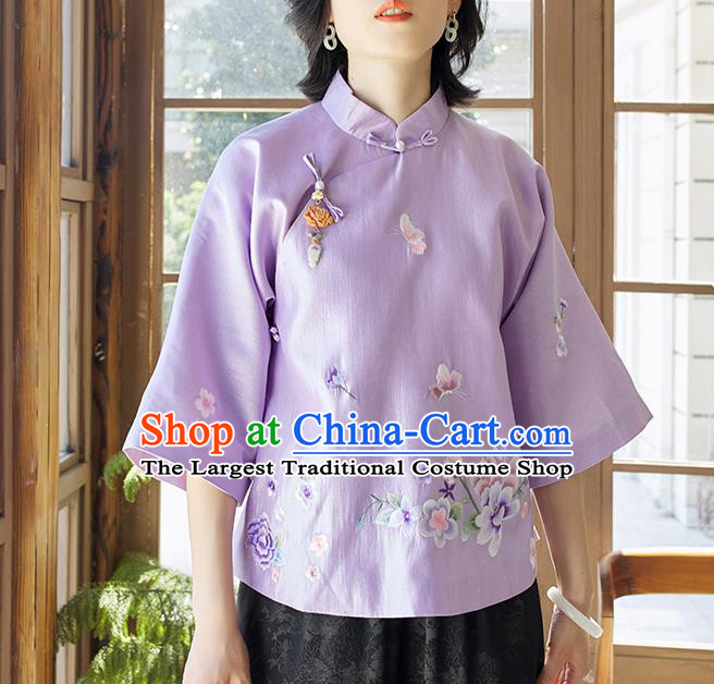 Chinese Embroidered Shirt Women Upper Outer Garment Traditional Costume Tang Suit Lilac Silk Blouse
