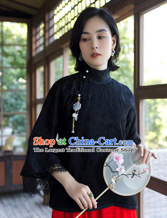 Chinese Tang Suit Upper Outer Garment Traditional Black Lace Blouse Costume Jacquard Shirt
