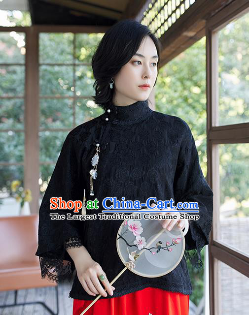 Chinese Tang Suit Upper Outer Garment Traditional Black Lace Blouse Costume Jacquard Shirt
