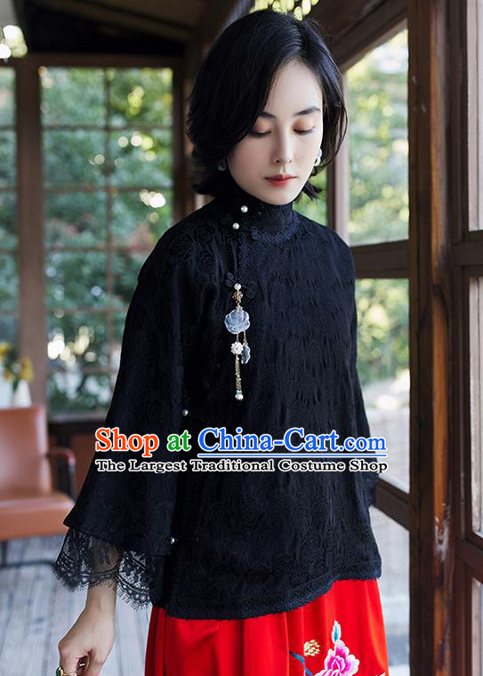 Chinese Tang Suit Upper Outer Garment Traditional Black Lace Blouse Costume Jacquard Shirt