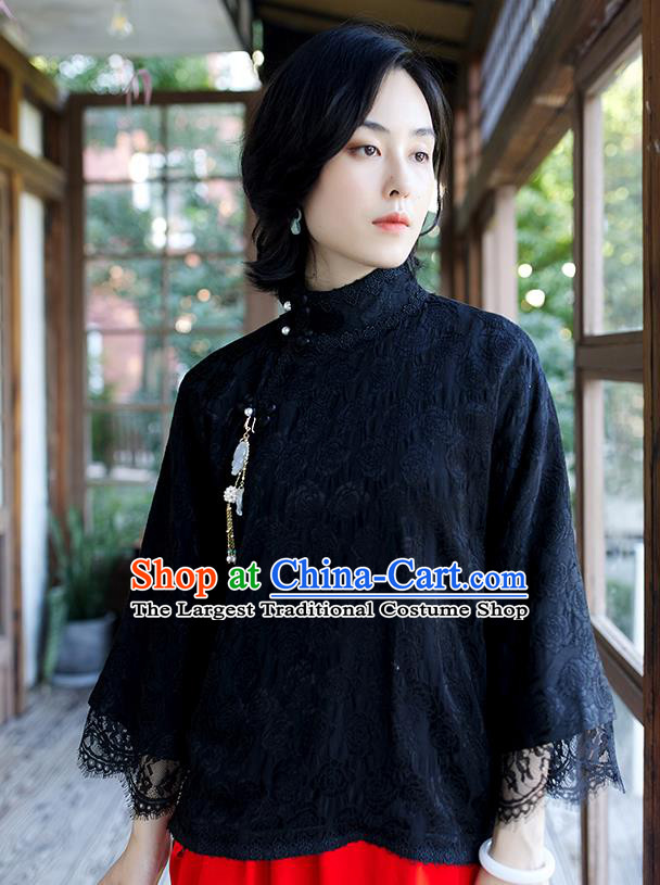 Chinese Tang Suit Upper Outer Garment Traditional Black Lace Blouse Costume Jacquard Shirt