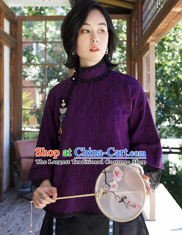 Chinese Traditional Purple Lace Blouse Costume Jacquard Shirt Tang Suit Upper Outer Garment