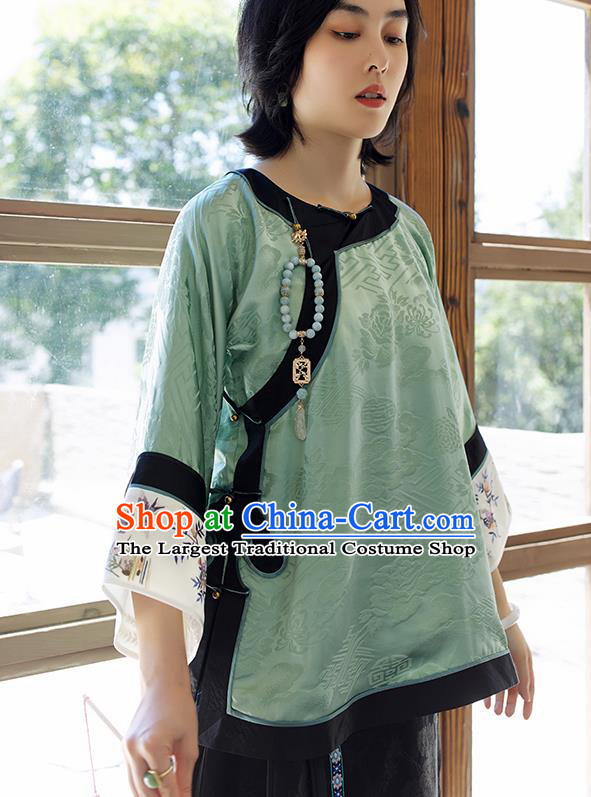 Chinese Traditional Qing Dynasty Costume Tang Suit Shirt Upper Outer Garment Embroidered Green Silk Blouse