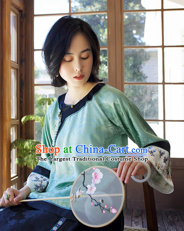 Chinese Traditional Qing Dynasty Costume Tang Suit Shirt Upper Outer Garment Embroidered Green Silk Blouse