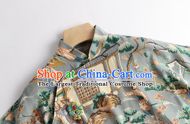Chinese Tang Suit Upper Outer Garment Traditional Costume Printing Blue Blouse