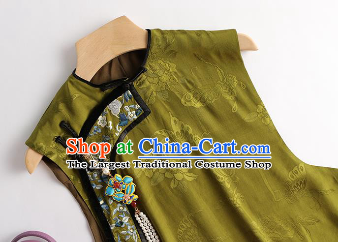 Chinese Traditional Waistcoat Costume Qing Dynasty Olive Green Vest Tang Suit Upper Outer Garment