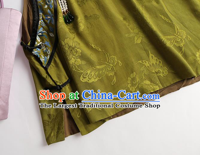 Chinese Traditional Waistcoat Costume Qing Dynasty Olive Green Vest Tang Suit Upper Outer Garment