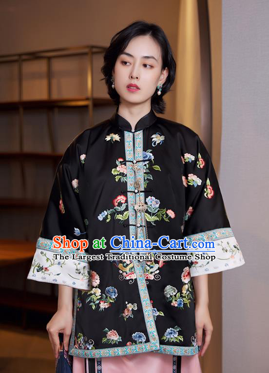 Chinese Qing Dynasty Court Women Black Shirt Tang Suit Upper Outer Garment Traditional Embroidered Blouse Costume