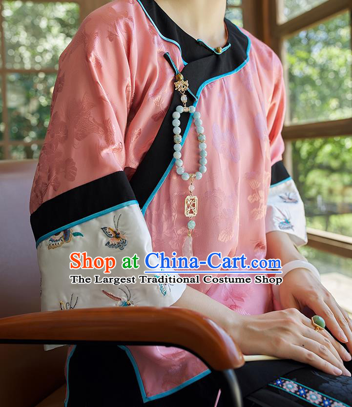 Chinese Traditional Tang Suit Blouse Upper Outer Garment Qing Dynasty Classical Pink Silk Shirt Embroidered Costume