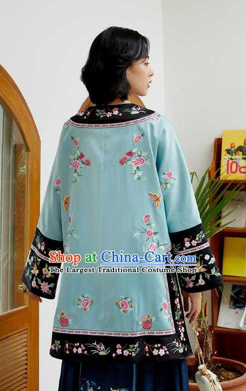 Chinese Classical Embroidered Blue Silk Blouse Tang Suit Costume Traditional Qing Dynasty Women Shirt