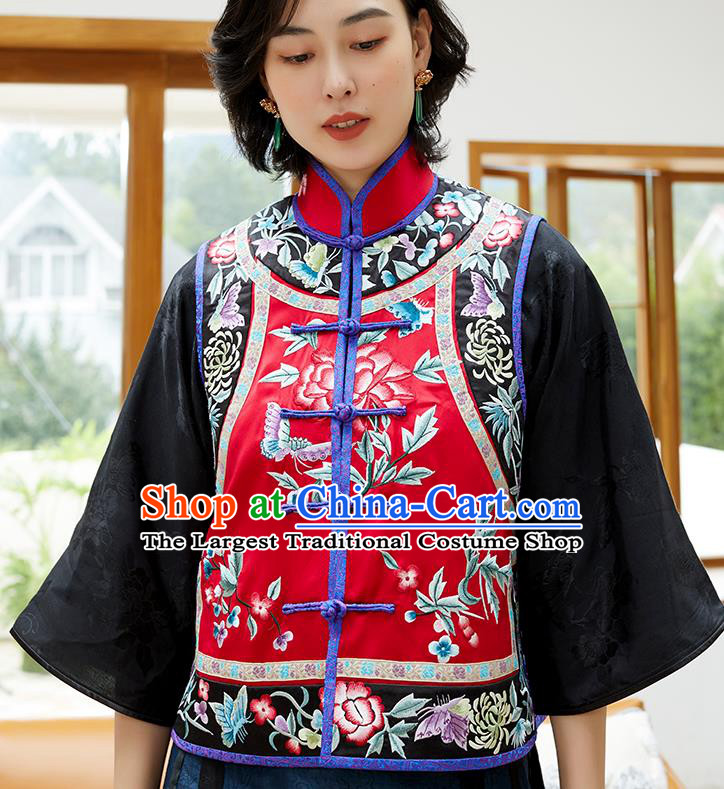Chinese Classical Embroidered Red Silk Waist Tang Suit Costume Traditional Qing Dynasty Women Vest Upper Outer Garment