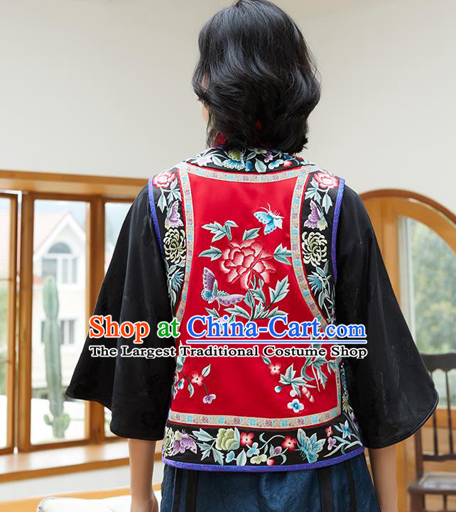 Chinese Classical Embroidered Red Silk Waist Tang Suit Costume Traditional Qing Dynasty Women Vest Upper Outer Garment