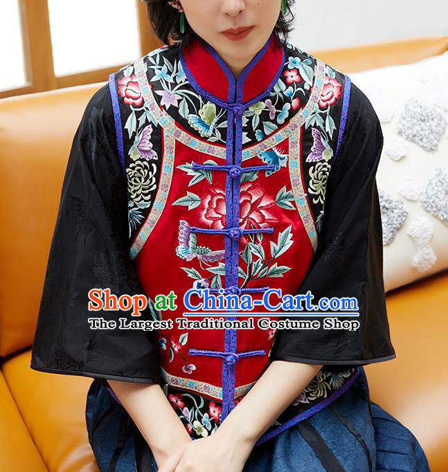 Chinese Classical Embroidered Red Silk Waist Tang Suit Costume Traditional Qing Dynasty Women Vest Upper Outer Garment
