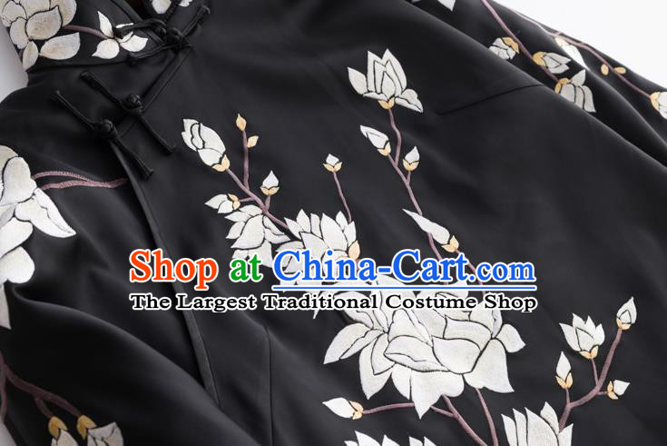 Chinese Black Satin Shirt Tang Suit Upper Outer Garment Traditional Costume Embroidered Mangnolia Blouse