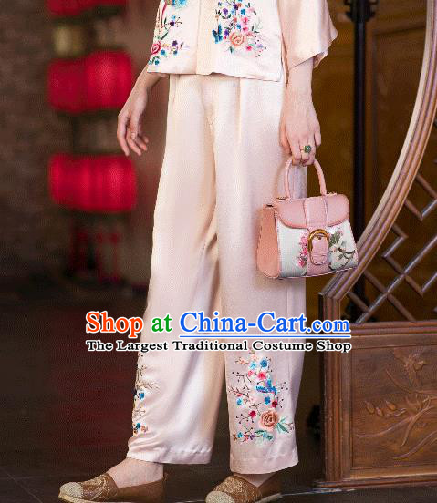 Chinese Tang Suit Pink Satin Shirt Upper Outer Garment Traditional Costume Embroidered Phoenix Blouse