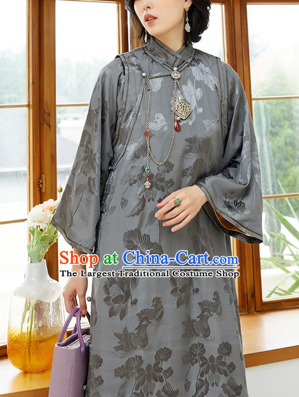Republic of China National Women Clothing Traditional Classical Qipao Dress Grey Silk Cheongsam