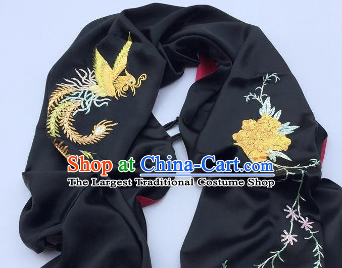 China Women Tippet Embroidery Phoenix Peony Black Silk Scarf Traditional Cheongsam Accessories