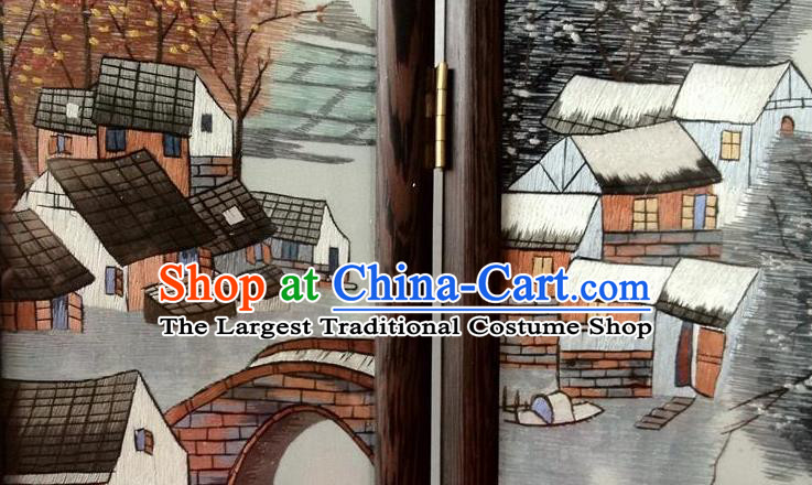 China Handmade Embroidered Craft Rosewood Table Decoration Traditional Suzhou Embroidery Water Town Desk Screen