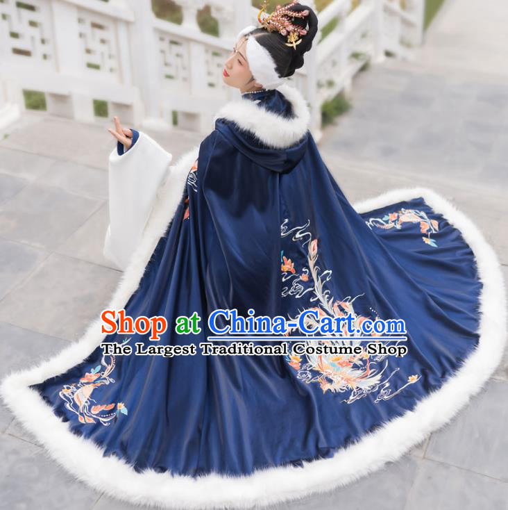Chinese Ming Dynasty Imperial Consort Historical Costumes Traditional Ancient Noble Women Hanfu Apparels Embroidered Navy Wool Cloak