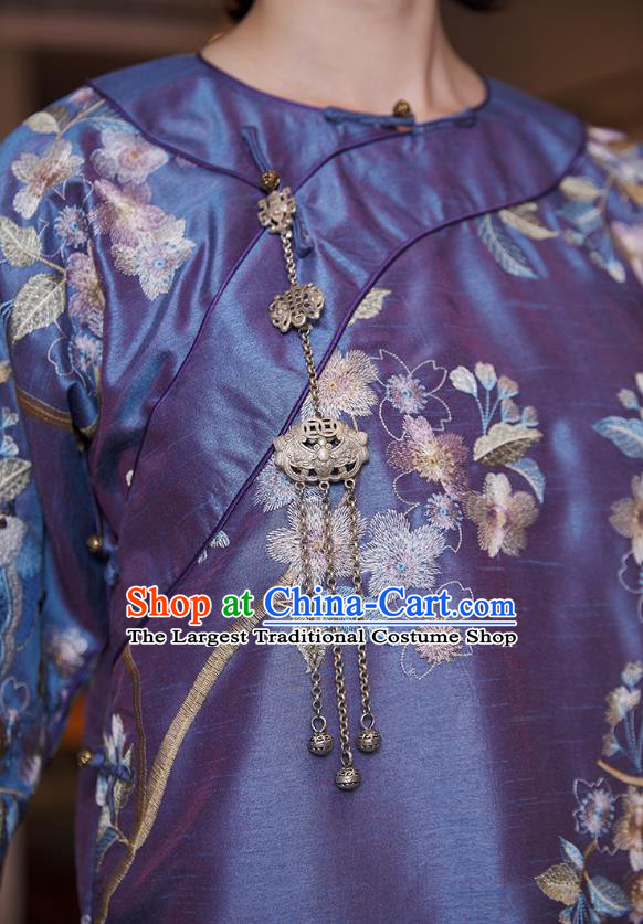 China Traditional Embroidered Blue Cheongsam Classical Silk Qipao Dress National Women Clothing