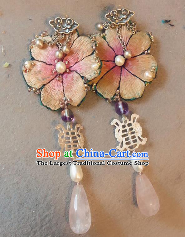 China Traditional Hanfu Embroidered Peach Blossom Earrings Rose Quartz Ear Accessories