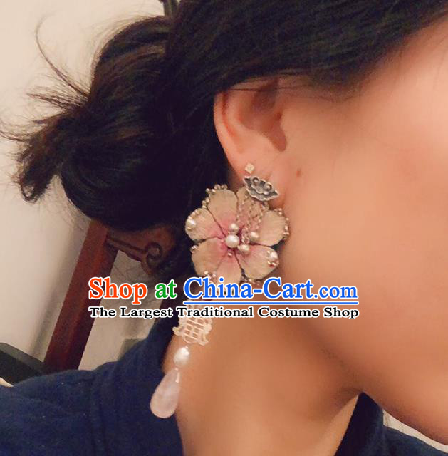 China Traditional Hanfu Embroidered Peach Blossom Earrings Rose Quartz Ear Accessories