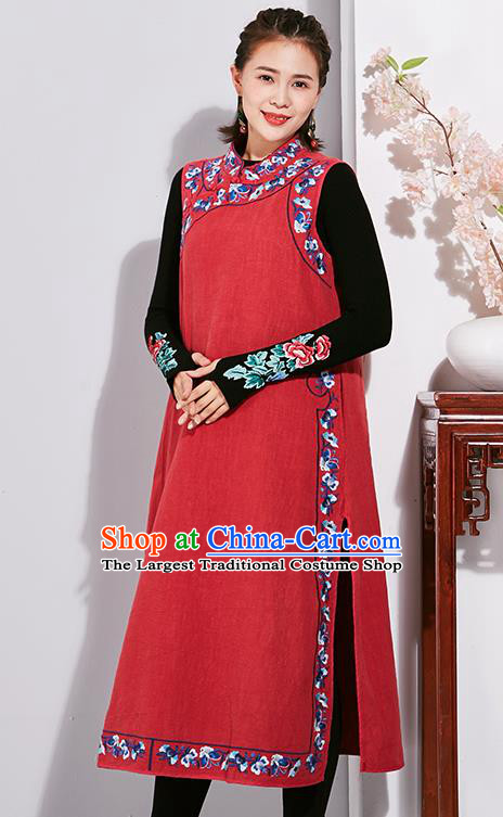 China Tang Suit Embroidered Red Cheongsam Traditional Women Classical Flax Dress National Qipao Clothing