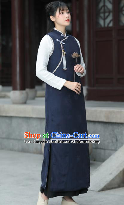 China Tang Suit Navy Vest Cheongsam Traditional Women Classical Dress National Qipao Clothing