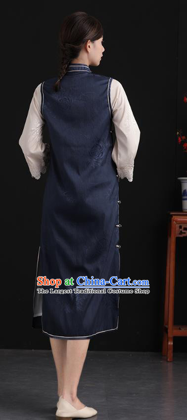 China Tang Suit National Qipao Clothing Traditional Women Classical Dress Navy Silk Cheongsam