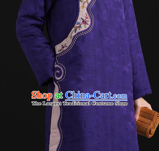 Top China Tang Suit Embroidered Clothing National Qipao Traditional Women Classical Dress Purple Flax Cheongsam