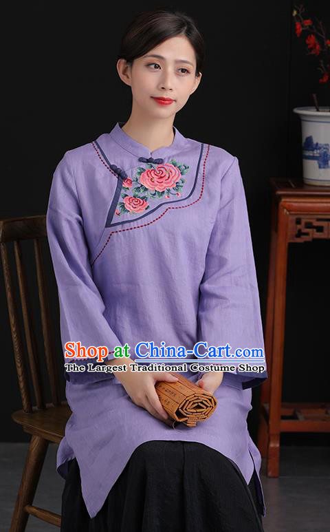 Top China Traditional Women Classical Dress Tang Suit National Qipao Embroidered Purple Flax Cheongsam Clothing