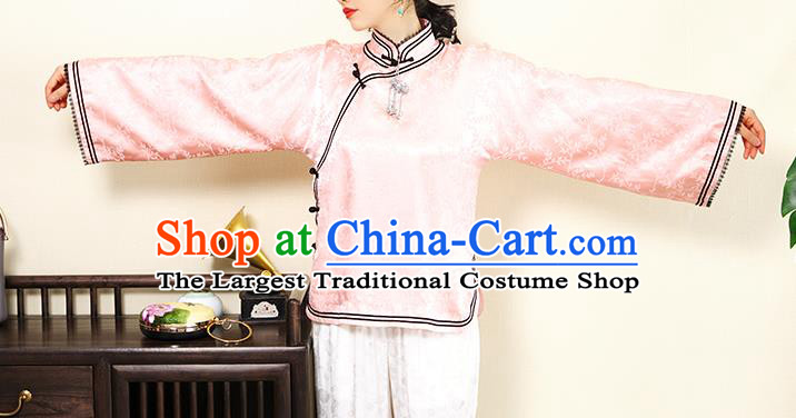 Chinese Traditional Pink Silk Cheongsam Blouse Tang Suit Upper Outer Garment Classical Wide Sleeve Shirt