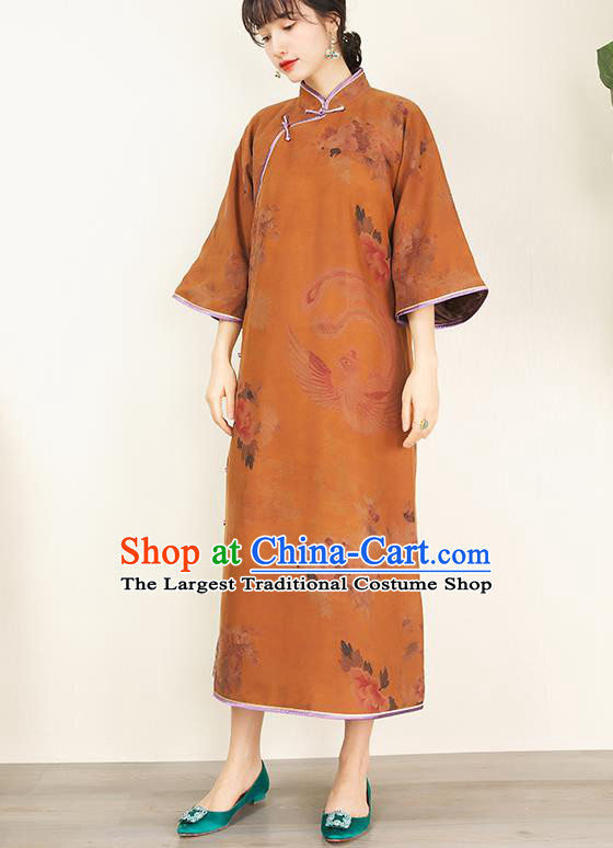 China Women Clothing Traditional Classical Ginger Silk Cheongsam Retro Qipao Dress