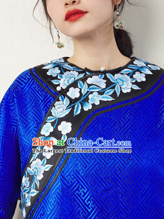 Chinese Traditional Qing Dynasty Royalblue Brocade Coat Embroidered Costume Classical Tang Suit Outer Garment