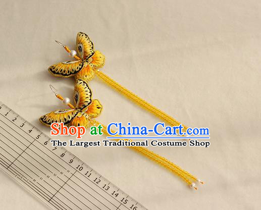 China Classical Yellow Beads Tassel Ear Accessories Women Jewelry Handmade Traditional Embroidered Butterfly Earrings