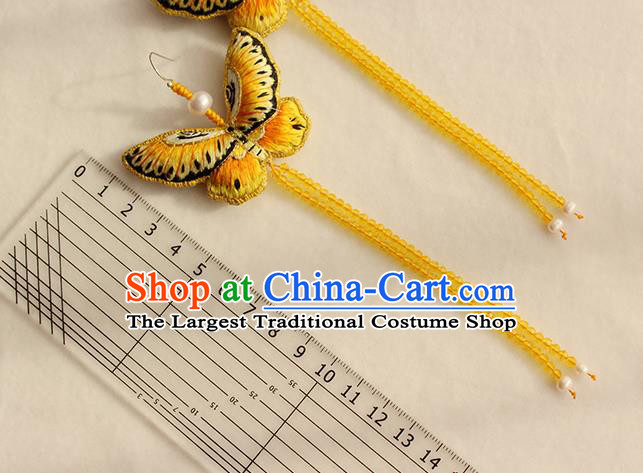 China Classical Yellow Beads Tassel Ear Accessories Women Jewelry Handmade Traditional Embroidered Butterfly Earrings