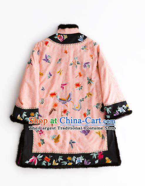 Chinese Classical Tang Suit Outer Garment Coat Traditional Pink Silk Cotton Padded Jacket Embroidered Costume