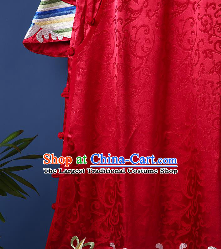 China Traditional Women Dress Classical Cheongsam Red Brocade Qipao Clothing