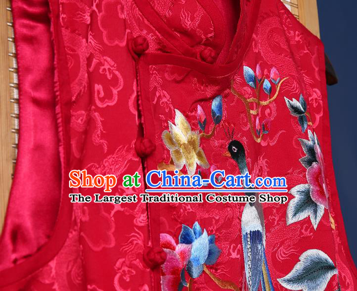 Chinese National Embroidered Phoenix Peony Long Dress Traditional Costume Tang Suit Red Brocade Cheongsam